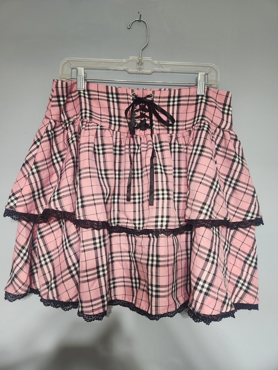 Hot Topic Dresses & Skirts - Hot Topic Pink & Black Plaid Corset Tie Lace Tiered Mini Skirt. Size XL.